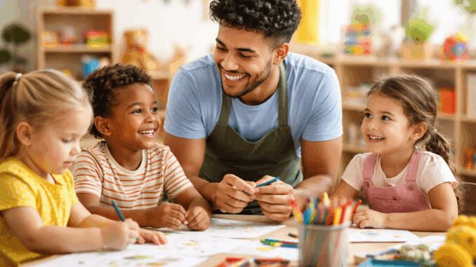 Teacher and children drawing in classroom.