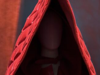 Red hooded figure with quilted garment.