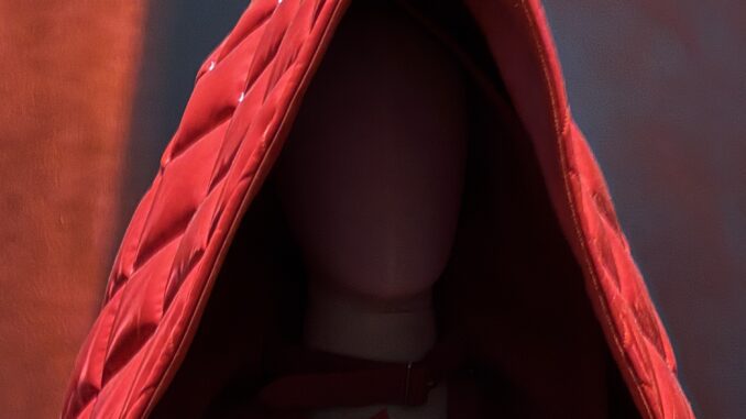 Red hooded figure with quilted garment.