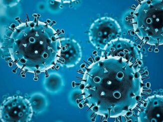 Blue virus cells under a microscope.
