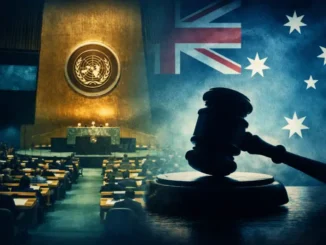 Gavel and flags in international assembly hall.