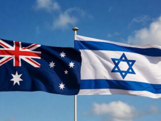 Australian and Israeli flags against blue sky.