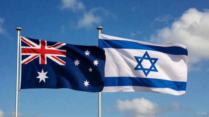 Australian and Israeli flags against blue sky. Australian and Israeli flags against blue sky.