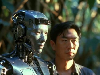 Human and robot standing in forest setting.