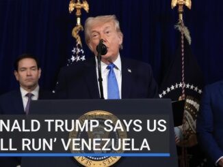 Donald Trump speaking at a press conference.