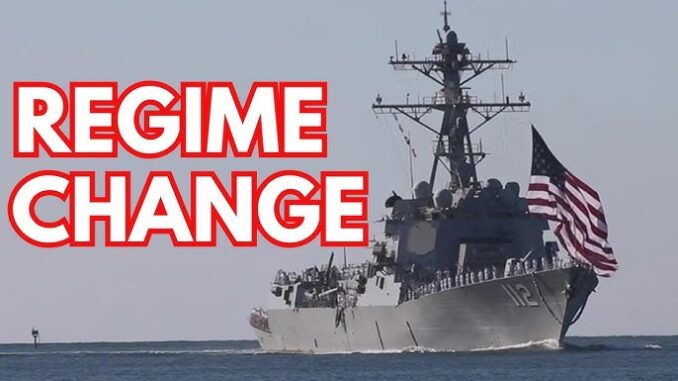 Warship with "Regime Change" text and flag. Warship with "Regime Change" text and flag.