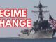 Warship with "Regime Change" text and flag.