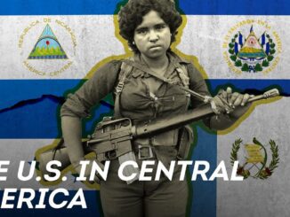 Woman soldier with rifle, Central American flags.