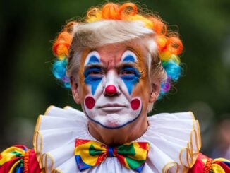 Clown with colorful wig and face paint.