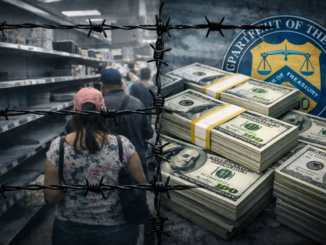 Barbed wire, people, money stacks, Treasury seal.