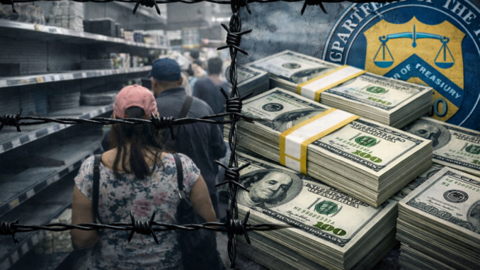 Barbed wire, people, money stacks, Treasury seal. Barbed wire, people, money stacks, Treasury seal.
