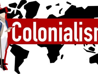 Colonialism text with soldier and world map.