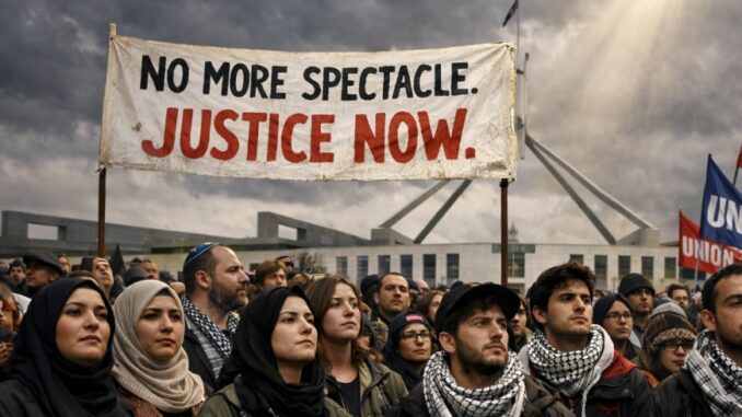 Protesters holding Justice Now banner at rally. Protesters holding Justice Now banner at rally.
