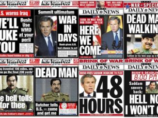 Collage of newspaper headlines about Iraq war.
