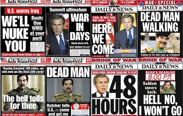 Collage of newspaper headlines about Iraq war.