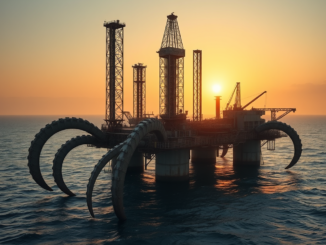 Oil rig resembling octopus at sunset.