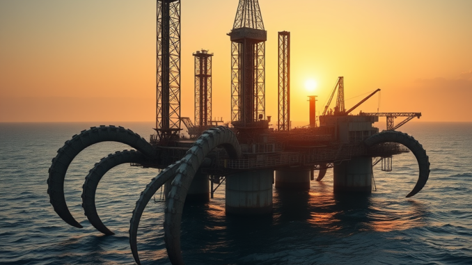 Oil rig resembling octopus at sunset. Oil rig resembling octopus at sunset.