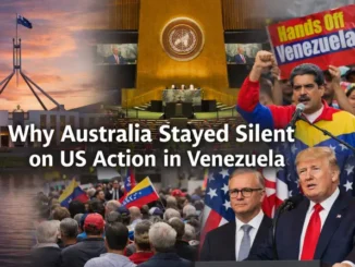 Collage on US-Venezuela-Australia political relations.