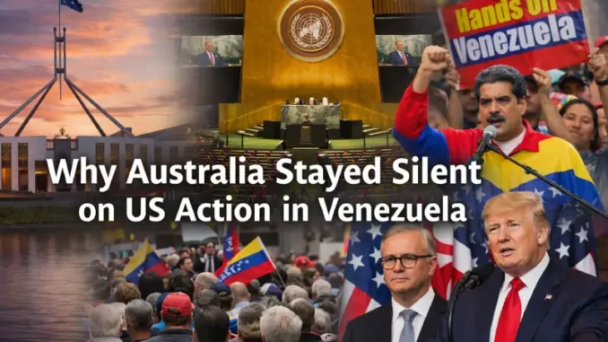 Collage on US-Venezuela-Australia political relations.