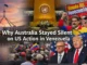 Collage on US-Venezuela-Australia political relations.