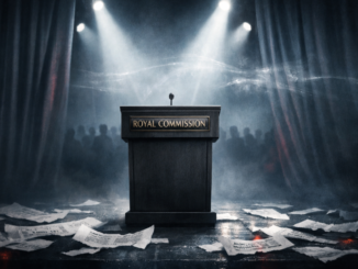 Podium with papers and dramatic lighting.