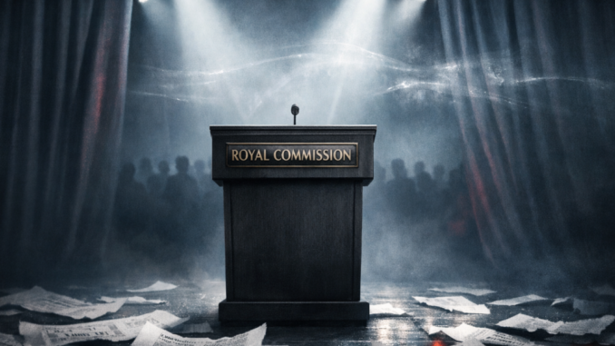 Podium with papers and dramatic lighting.