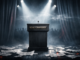 Podium with papers and dramatic lighting.