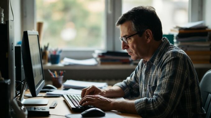 Man working on computer in office.