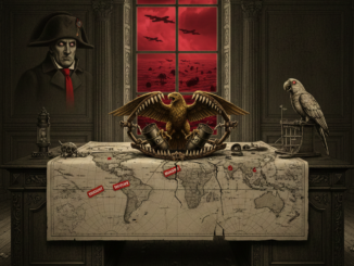 Map, eagle, parrot, and portrait in office.
