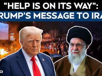 Trump and Iranian leader with protest backdrop.