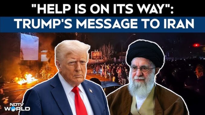 Trump and Iranian leader with protest backdrop.
