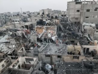 Urban devastation with collapsed buildings and debris.