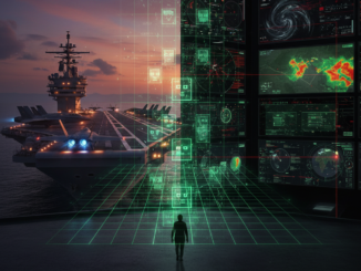 Person viewing futuristic naval command center display.