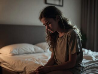 Woman sitting on bed, looking pensive.