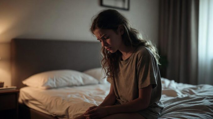 Woman sitting on bed, looking pensive.