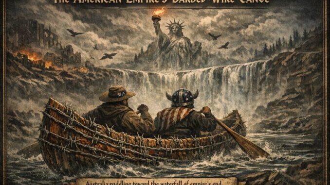 Canoe approaching waterfall with Statue of Liberty.
