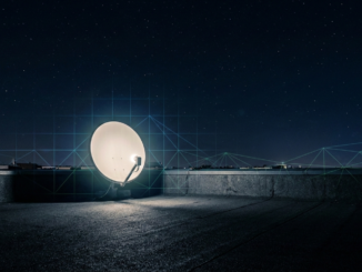 Satellite dish on rooftop under starry sky.