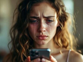 Woman crying while looking at phone.