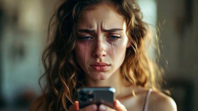 Woman crying while looking at phone. Woman crying while looking at phone.
