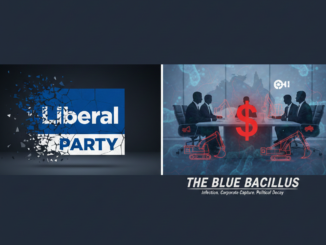 Liberal Party sign and corporate meeting illustration.