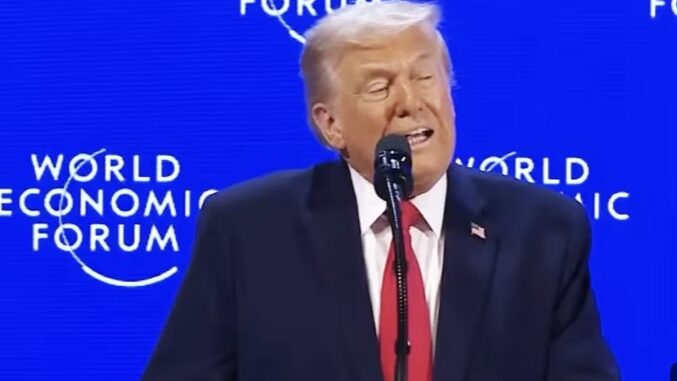 Blond-haired speaker at World Economic Forum podium Blond-haired speaker at World Economic Forum podium