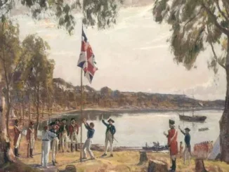 Historical painting of flag raising by shore.