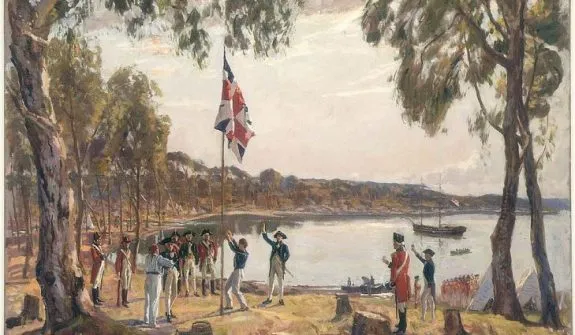 Historical painting of flag raising by shore.