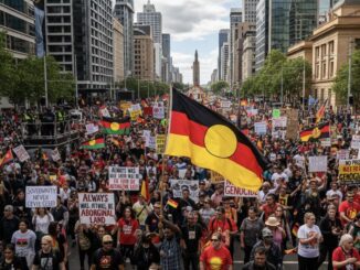 Protesters marching with flags and signs.
