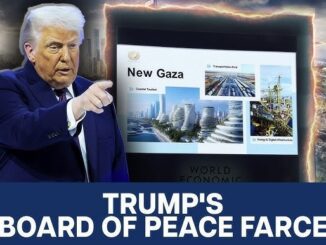 Politician pointing at "New Gaza" presentation.
