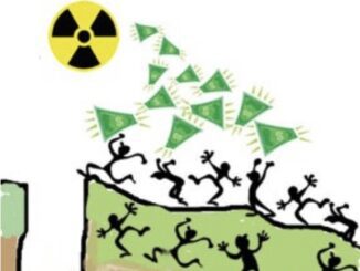 Silhouettes chasing money towards radiation symbol.