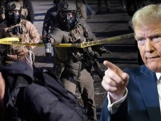 Protest scene with soldiers and pointing man.