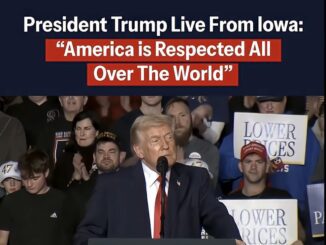 Trump speaking at Iowa rally, crowd listening.