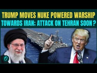 Trump and warship near Iran headline image.