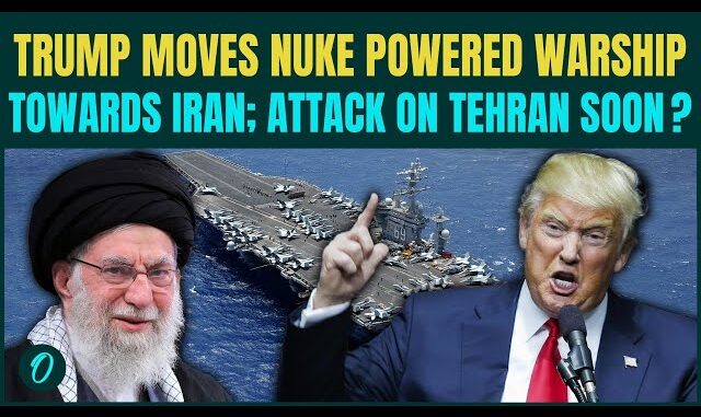 Trump and warship near Iran headline image.